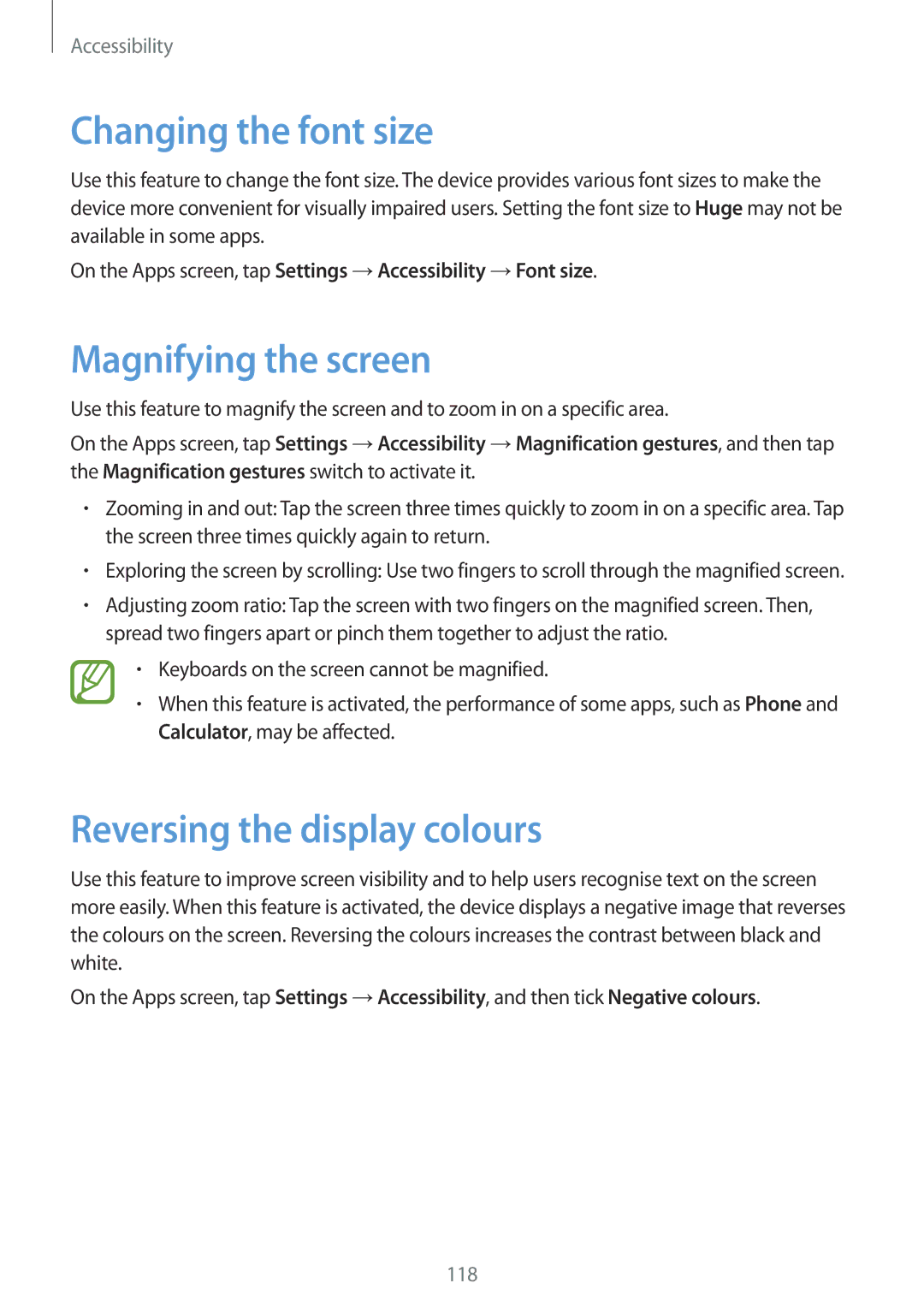 Samsung SM-G357FZAZNRJ, SM-G357FZWZXEO manual Changing the font size, Magnifying the screen, Reversing the display colours 