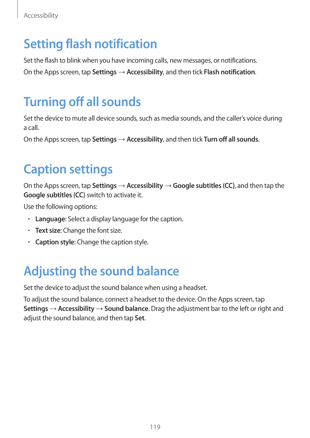 Samsung SM-G357FZAZBOG Setting flash notification, Turning off all sounds, Caption settings, Adjusting the sound balance 