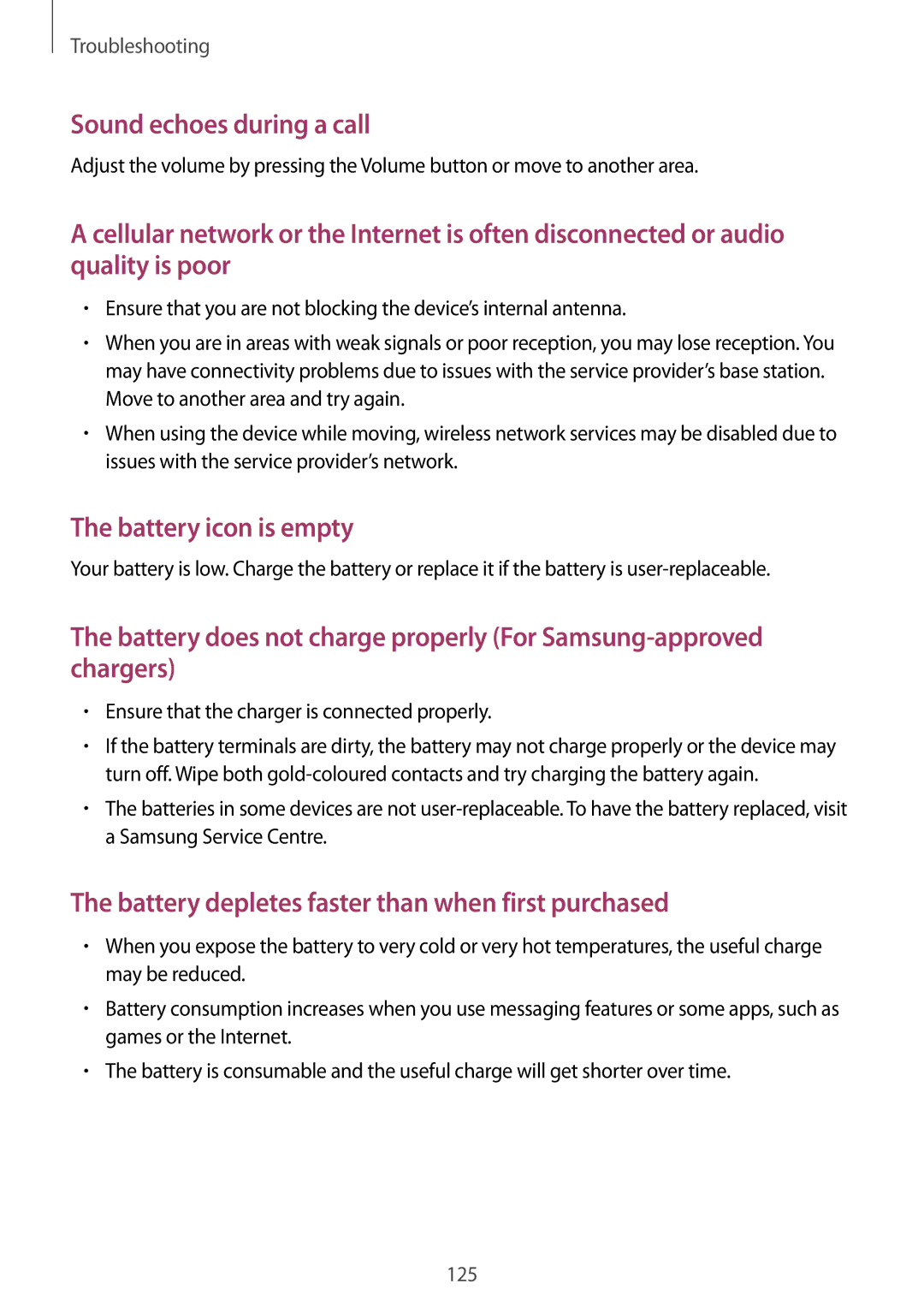 Samsung SM-G357FZWZTIM, SM-G357FZWZXEO, SM-G357FZWZOPT, SM-G357FZWZDBT, SM-G357FZAZSEB manual Sound echoes during a call 