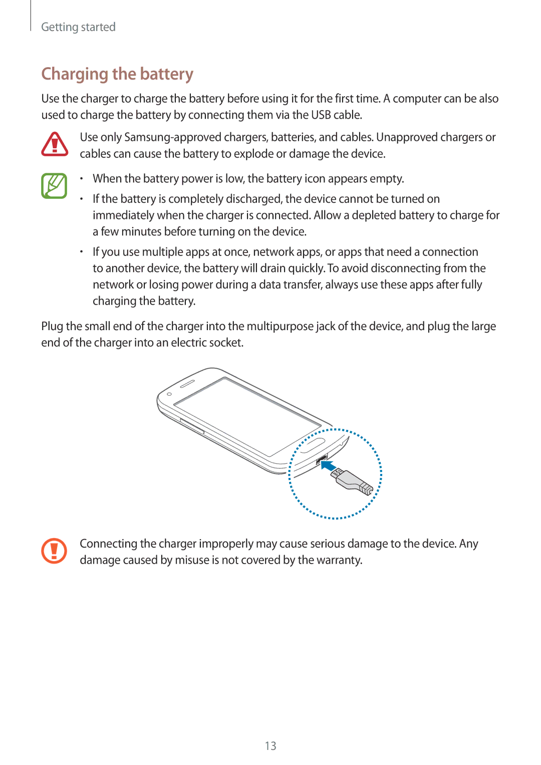 Samsung SM-G357FZWZTPL, SM-G357FZWZXEO, SM-G357FZWZOPT, SM-G357FZWZDBT, SM-G357FZAZSEB, SM-G357FZWZCOS Charging the battery 