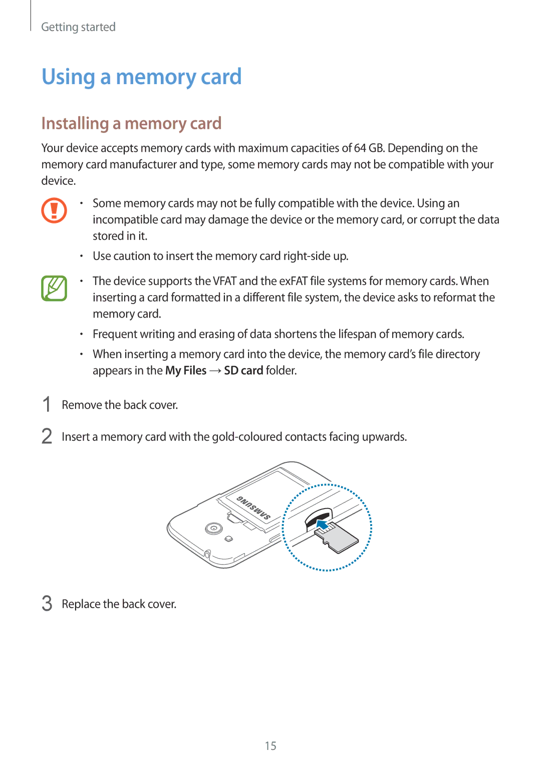 Samsung SM-G357FZAZPLS, SM-G357FZWZXEO, SM-G357FZWZOPT, SM-G357FZWZDBT manual Using a memory card, Installing a memory card 