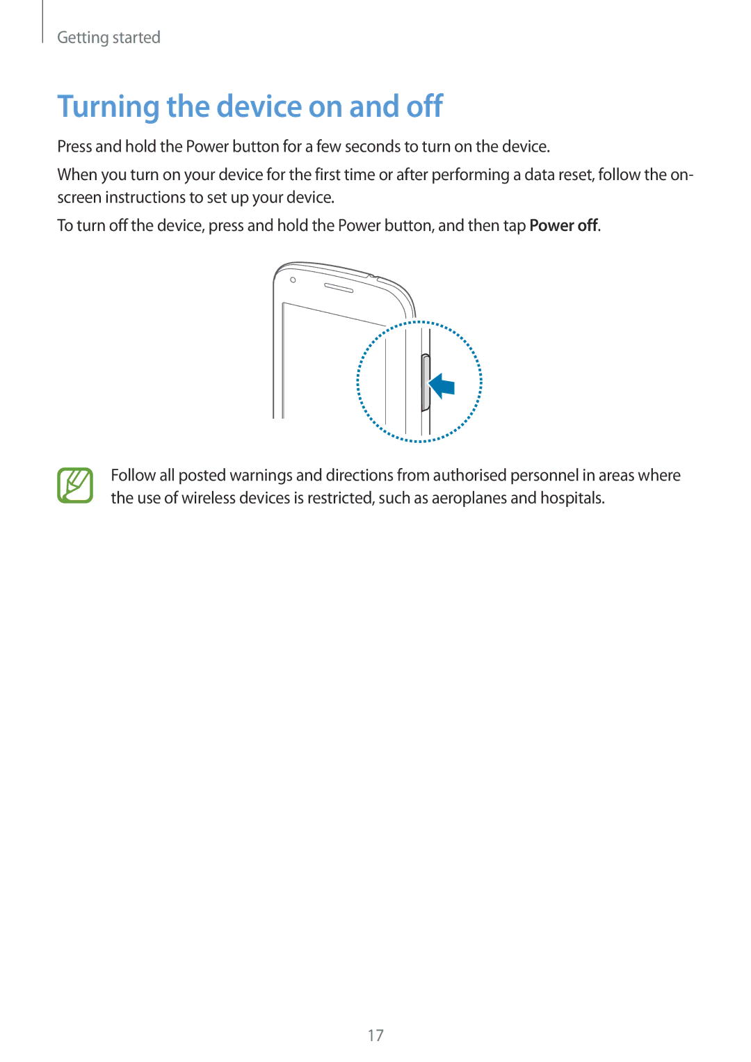 Samsung SM-G357FZWZSEB, SM-G357FZWZXEO, SM-G357FZWZOPT, SM-G357FZWZDBT, SM-G357FZAZSEB manual Turning the device on and off 