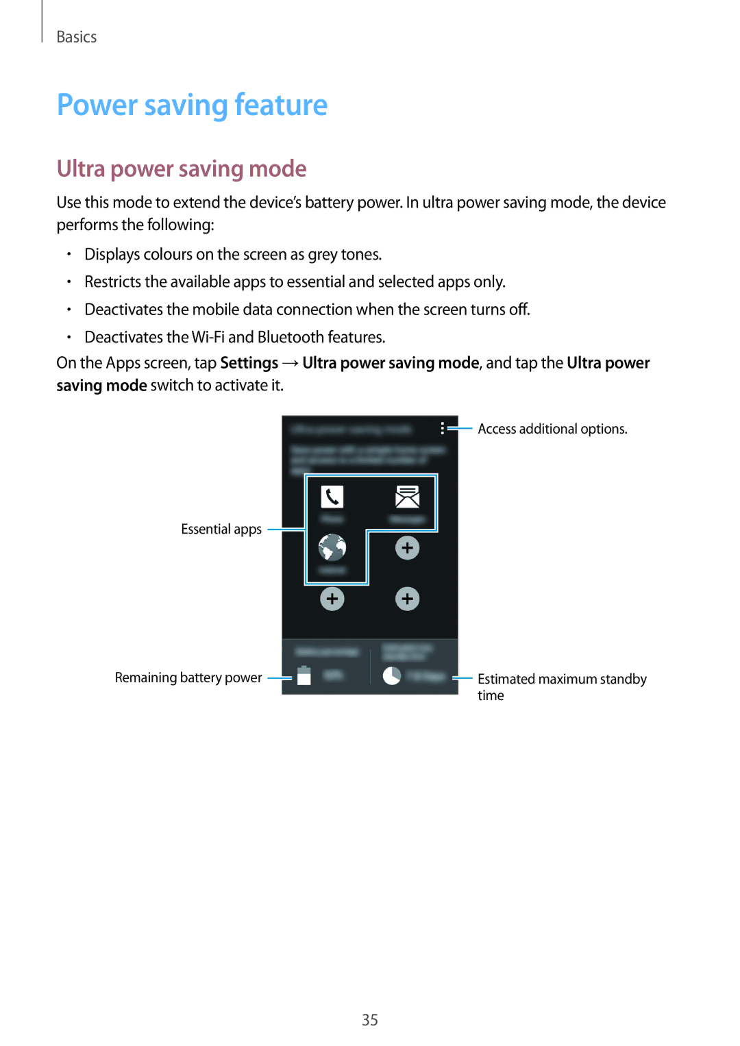 Samsung SM-G357FZAZAMO, SM-G357FZWZXEO, SM-G357FZWZOPT, SM-G357FZWZDBT manual Power saving feature, Ultra power saving mode 