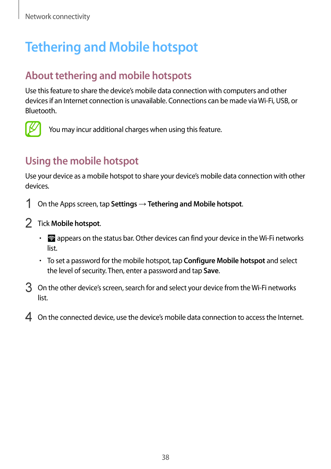 Samsung SM-G357FZWZKSA manual Tethering and Mobile hotspot, About tethering and mobile hotspots, Using the mobile hotspot 