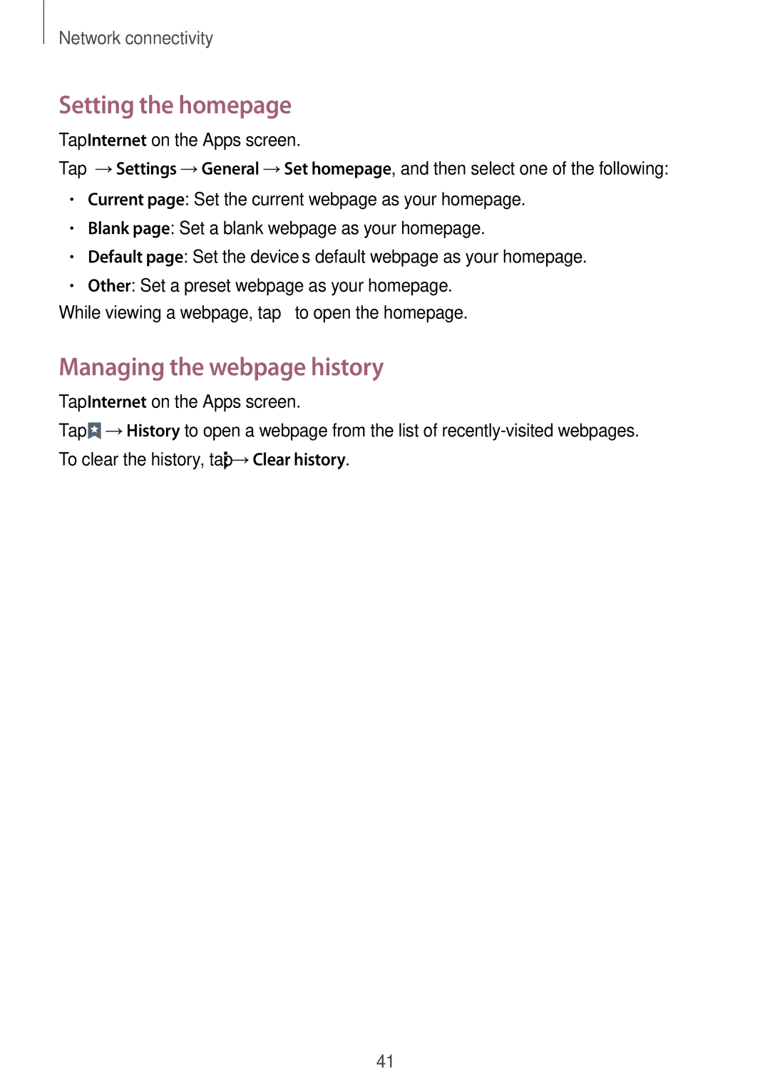 Samsung SM-G357FZWZSEE, SM-G357FZWZXEO, SM-G357FZWZOPT, SM-G357FZWZDBT Setting the homepage, Managing the webpage history 