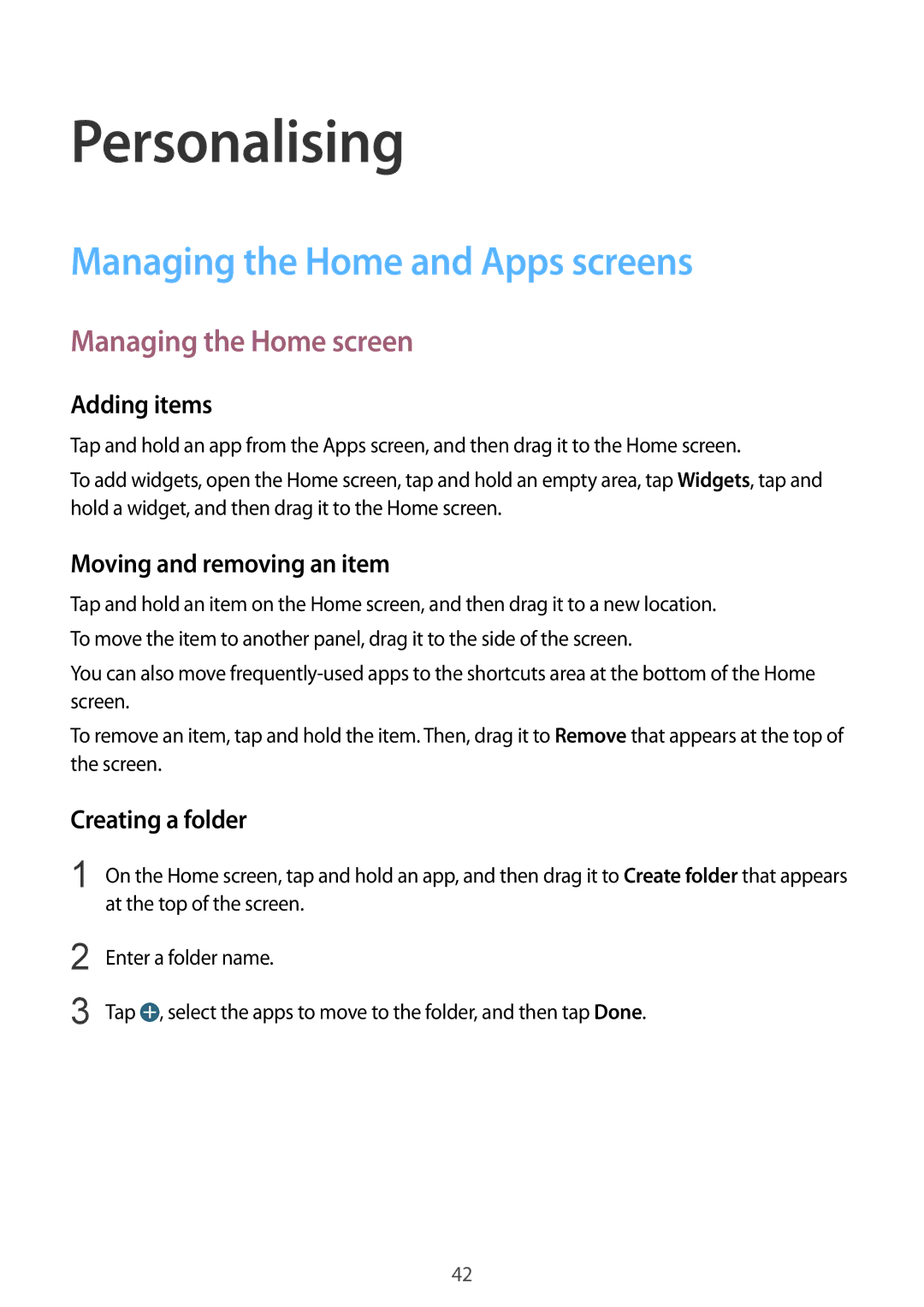 Samsung SM-G357FZAZKSA, SM-G357FZWZXEO manual Personalising, Managing the Home and Apps screens, Managing the Home screen 