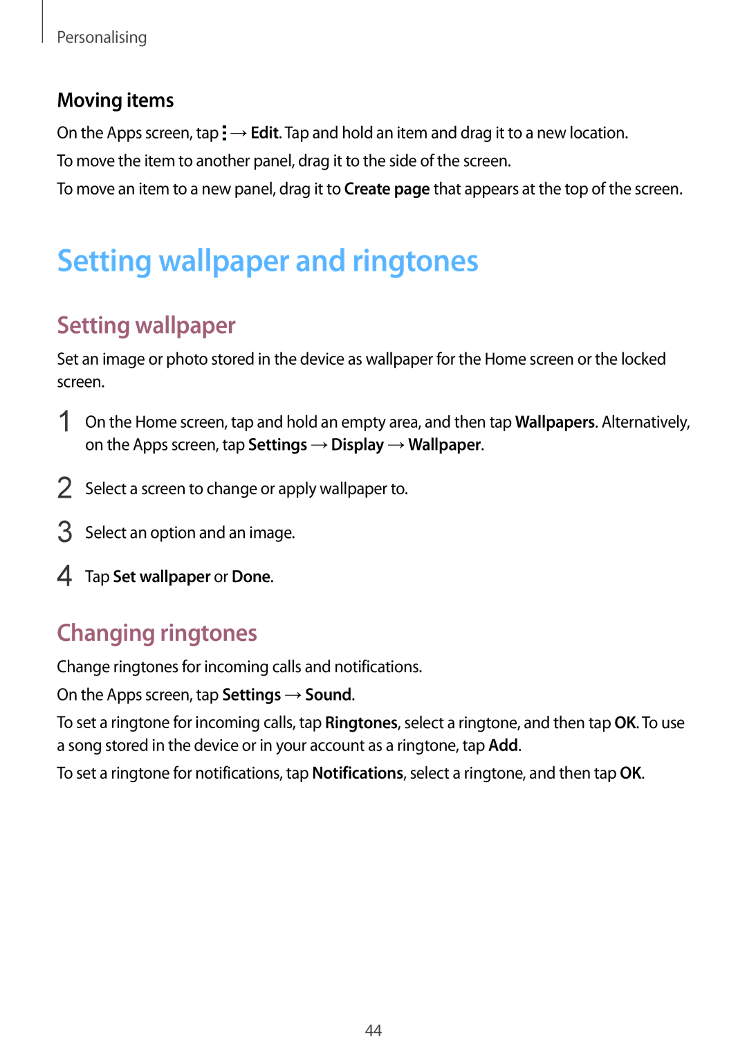 Samsung SM-G357FZWZXSG manual Setting wallpaper and ringtones, Changing ringtones, Moving items, Tap Set wallpaper or Done 
