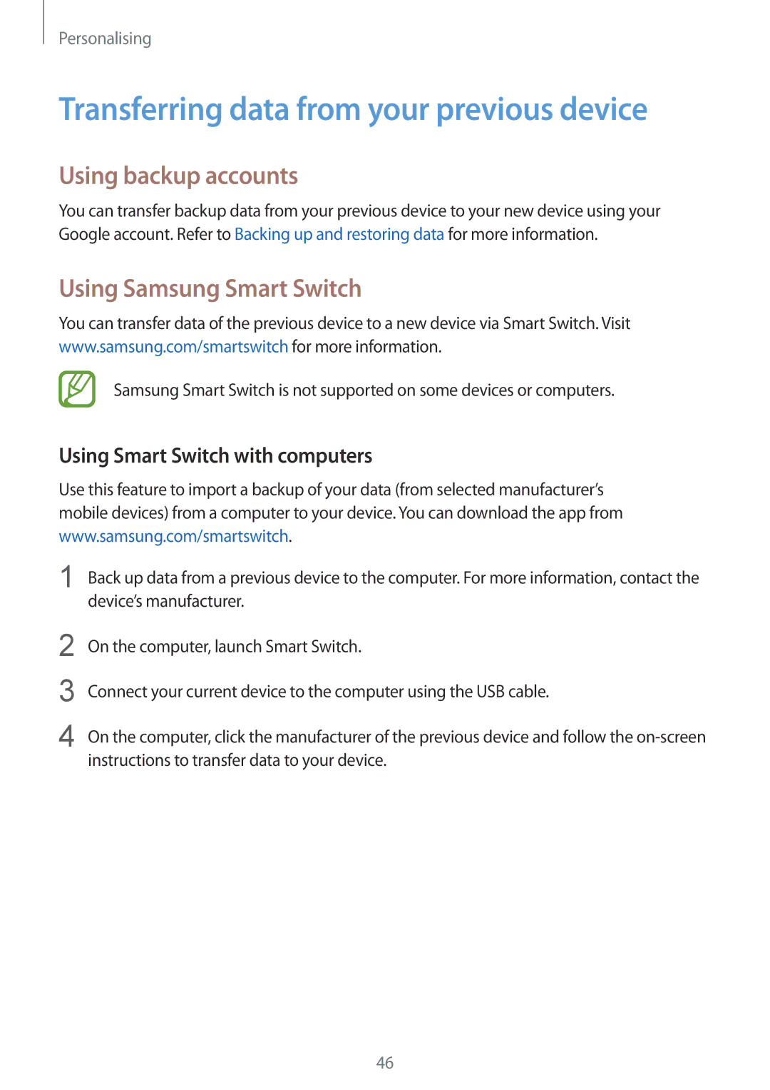 Samsung SM-G357FZAZXSG Transferring data from your previous device, Using backup accounts, Using Samsung Smart Switch 