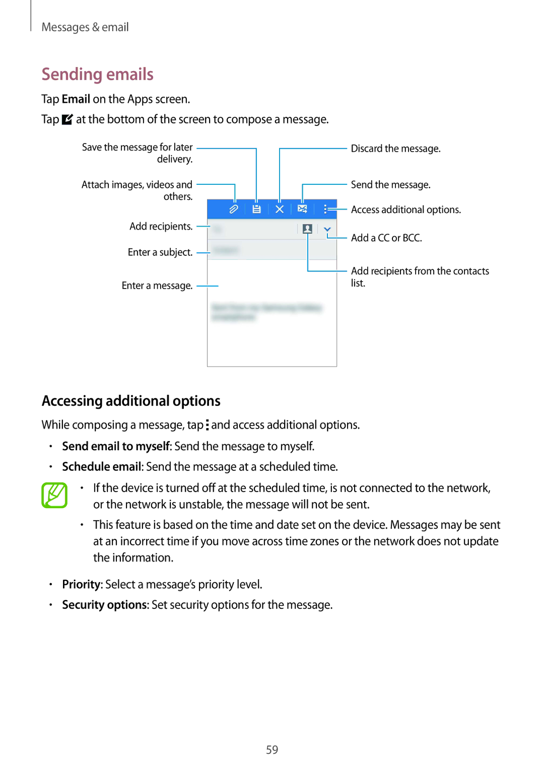 Samsung SM2G357FZWZORS, SM-G357FZWZXEO, SM-G357FZWZOPT, SM-G357FZWZDBT manual Sending emails, Accessing additional options 