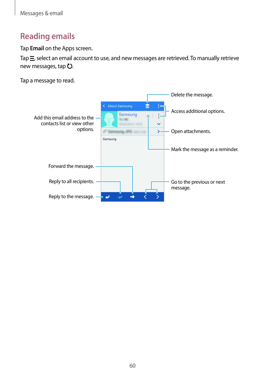 Samsung SM2G357FZWZTMH, SM-G357FZWZXEO, SM-G357FZWZOPT, SM-G357FZWZDBT, SM-G357FZAZSEB, SM-G357FZWZCOS manual Reading emails 