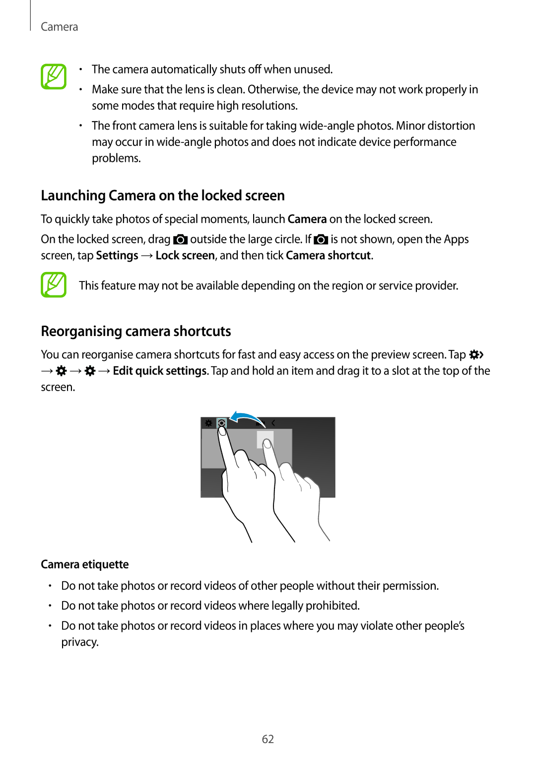 Samsung SM-G357FZWZORX manual Launching Camera on the locked screen, Reorganising camera shortcuts, Camera etiquette 