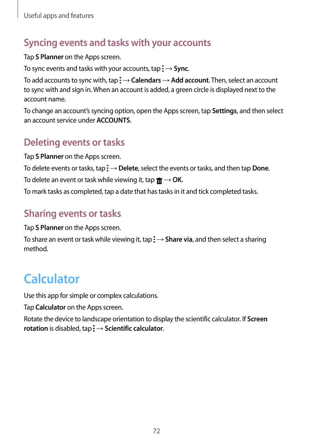 Samsung SM-G357FZWZORS, SM-G357FZWZXEO Calculator, Syncing events and tasks with your accounts, Deleting events or tasks 