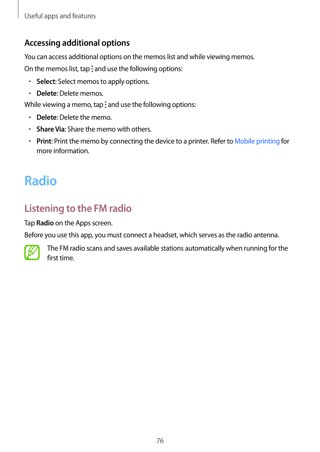 Samsung SM2G357FZAZORX, SM-G357FZWZXEO, SM-G357FZWZOPT, SM-G357FZWZDBT, SM-G357FZAZSEB manual Radio, Listening to the FM radio 