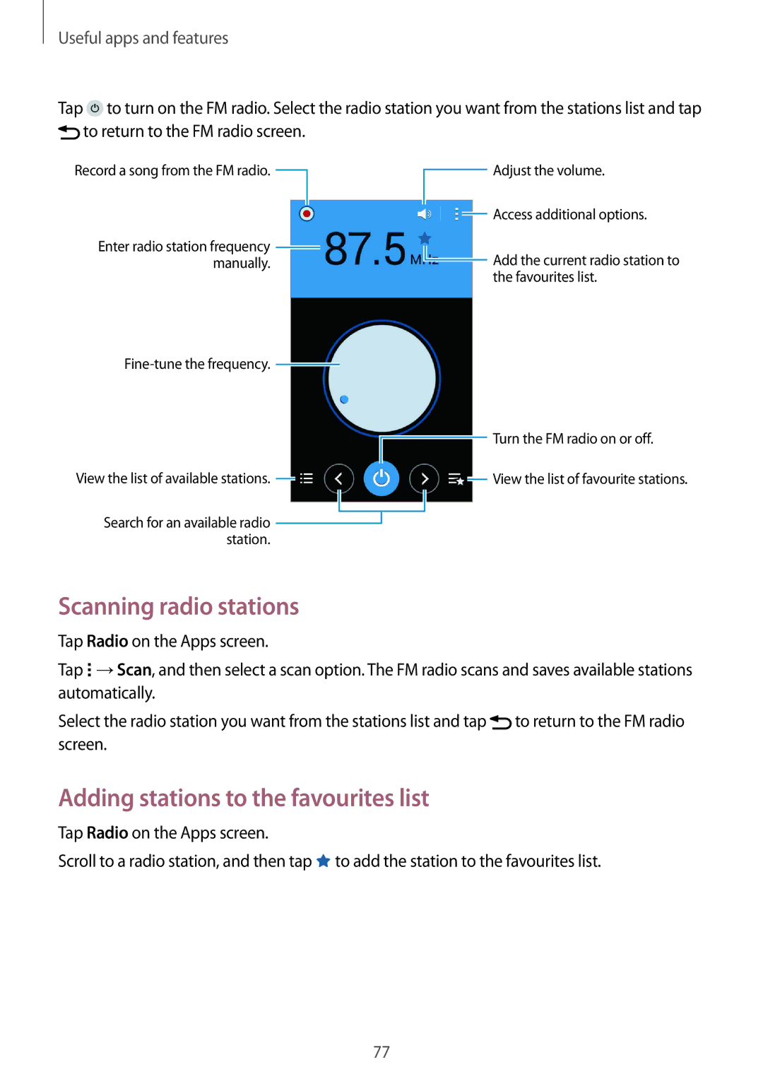 Samsung SM-G357FZWZVDH, SM-G357FZWZXEO, SM-G357FZWZOPT manual Scanning radio stations, Adding stations to the favourites list 