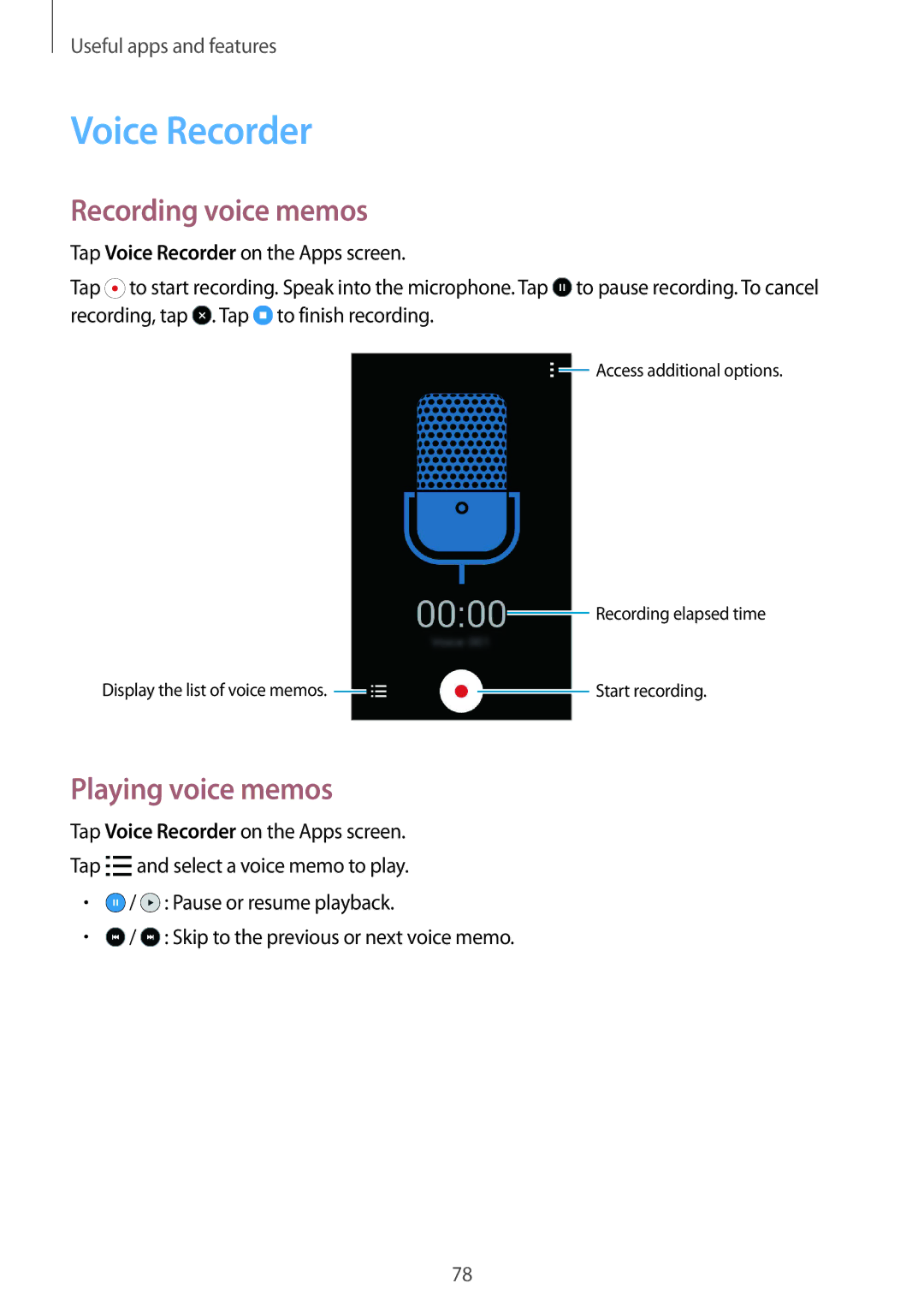 Samsung SM-G357FZAZXEH, SM-G357FZWZXEO, SM-G357FZWZOPT manual Voice Recorder, Recording voice memos, Playing voice memos 