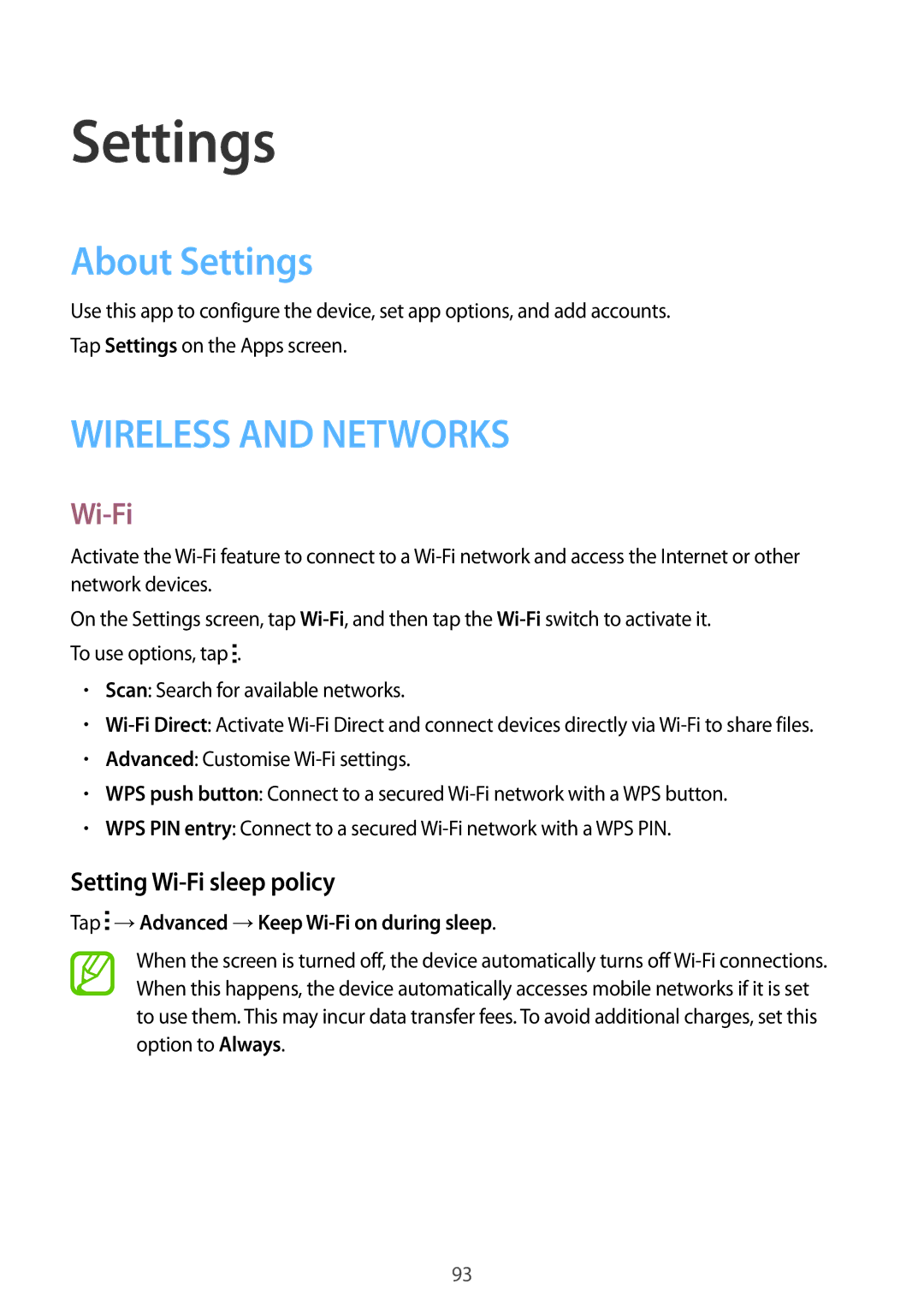 Samsung SM-G357FZWZOPT manual About Settings, Setting Wi-Fi sleep policy, Tap →Advanced →Keep Wi-Fi on during sleep 