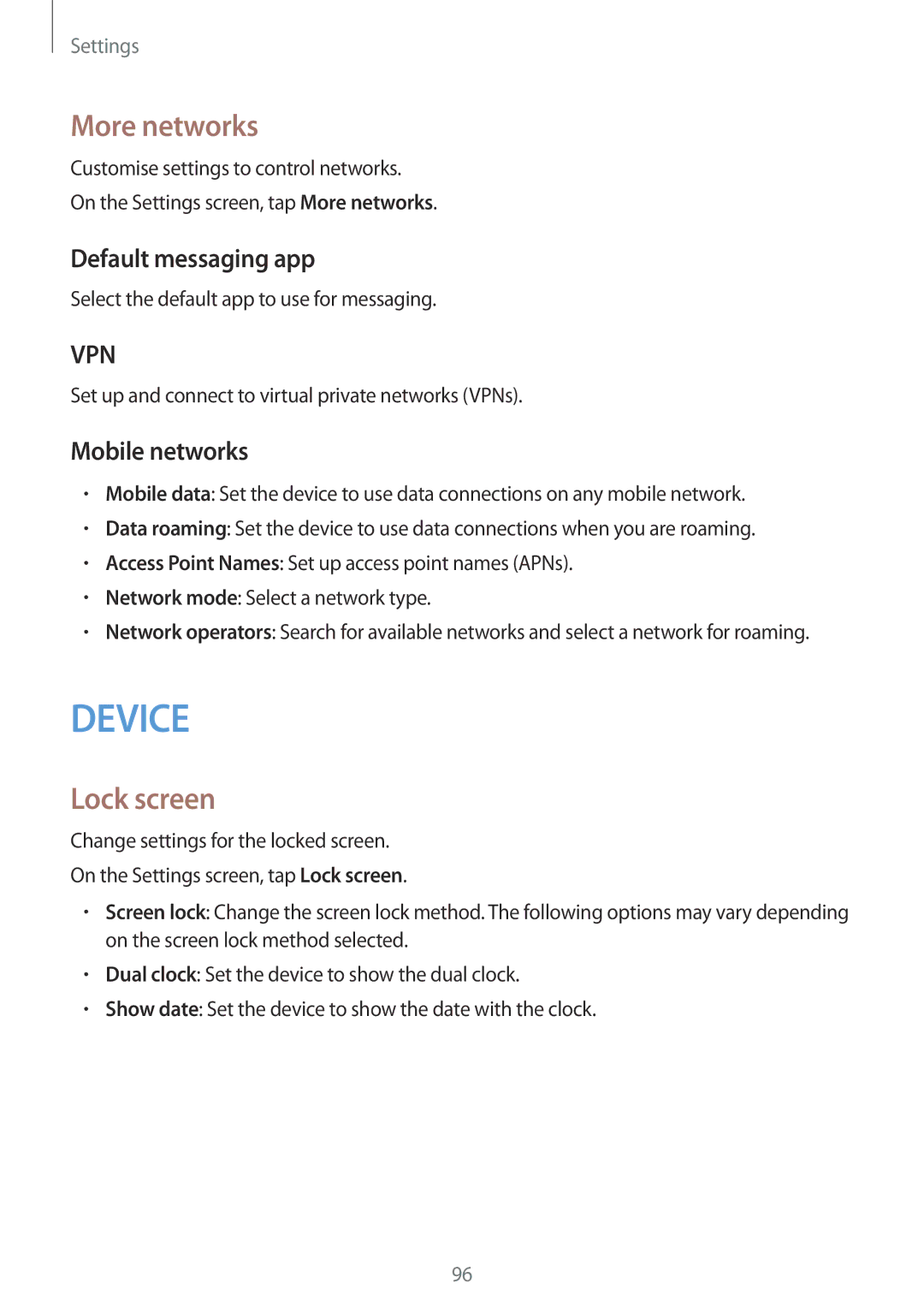 Samsung SM-G357FZWZCOS, SM-G357FZWZXEO, SM-G357FZWZOPT More networks, Lock screen, Default messaging app, Mobile networks 