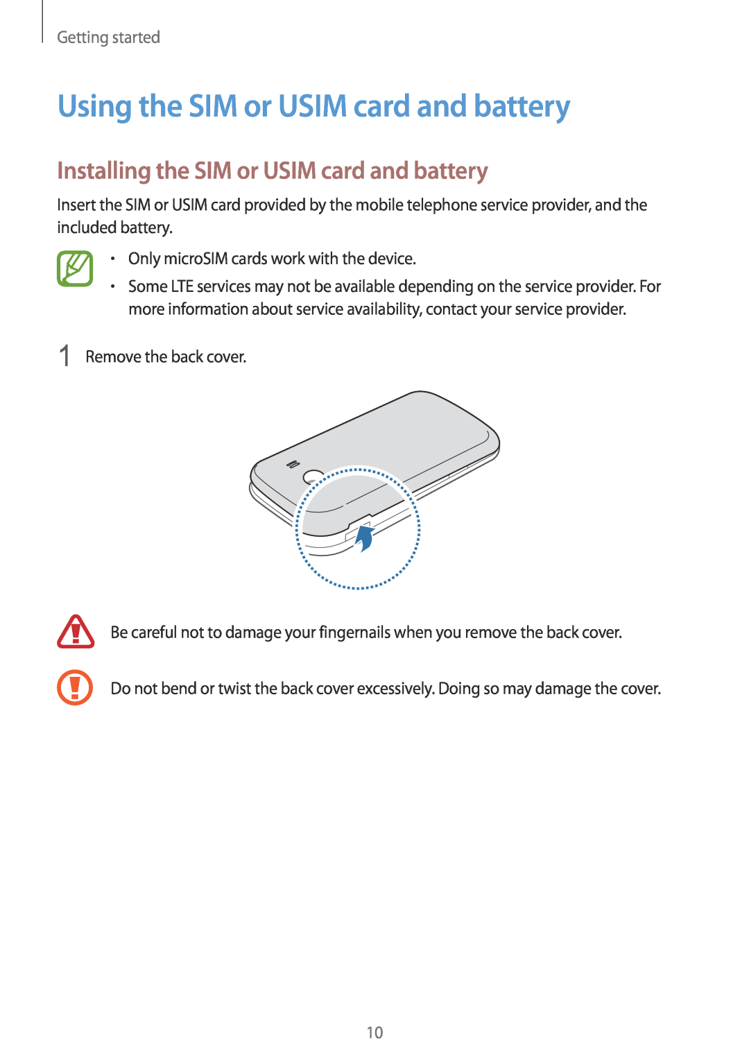 Samsung SM-G357FZAZEUR, SM-G357FZWZXEO Using the SIM or USIM card and battery, Installing the SIM or USIM card and battery 