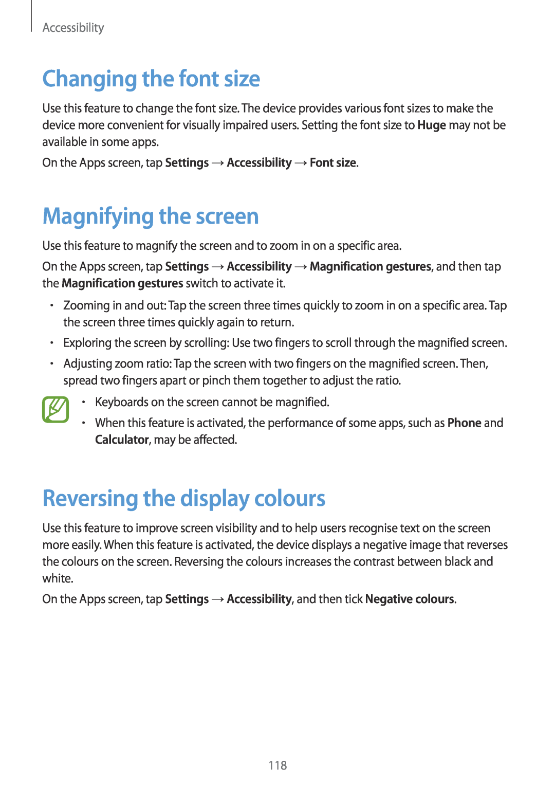 Samsung SM-G357FZAZNRJ manual Changing the font size, Magnifying the screen, Reversing the display colours, Accessibility 