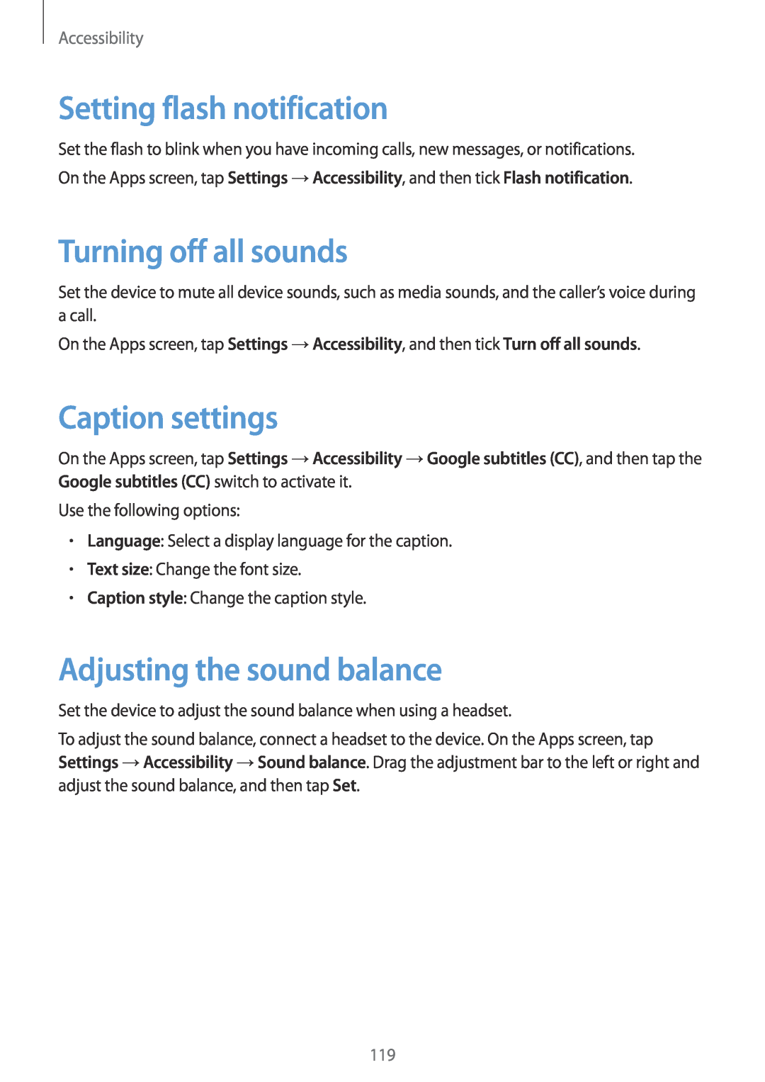 Samsung SM-G357FZAZBOG Setting flash notification, Turning off all sounds, Caption settings, Adjusting the sound balance 