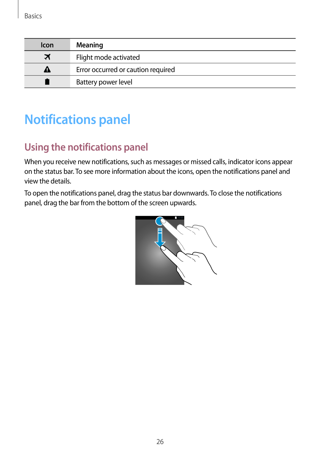 Samsung SM-G357FZAZNRJ, SM-G357FZWZXEO manual Notifications panel, Using the notifications panel, Basics, Icon Meaning 