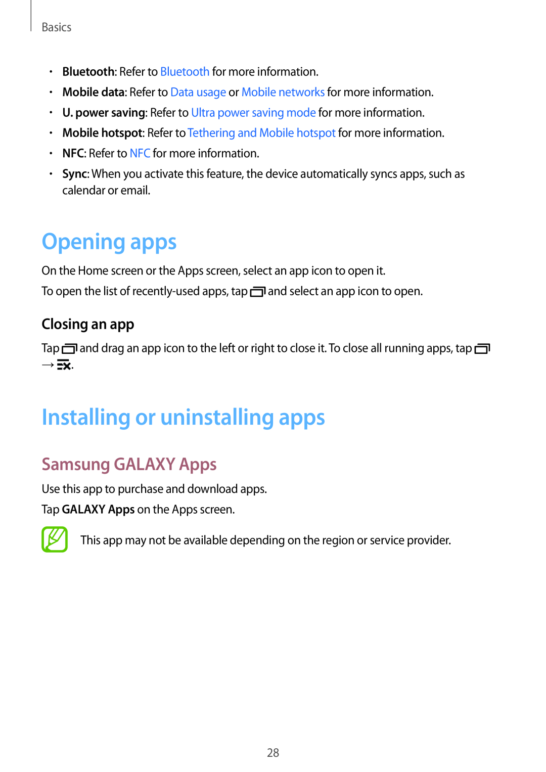 Samsung SM-G357FZWZOMN manual Opening apps, Installing or uninstalling apps, Samsung GALAXY Apps, Closing an app, Basics 
