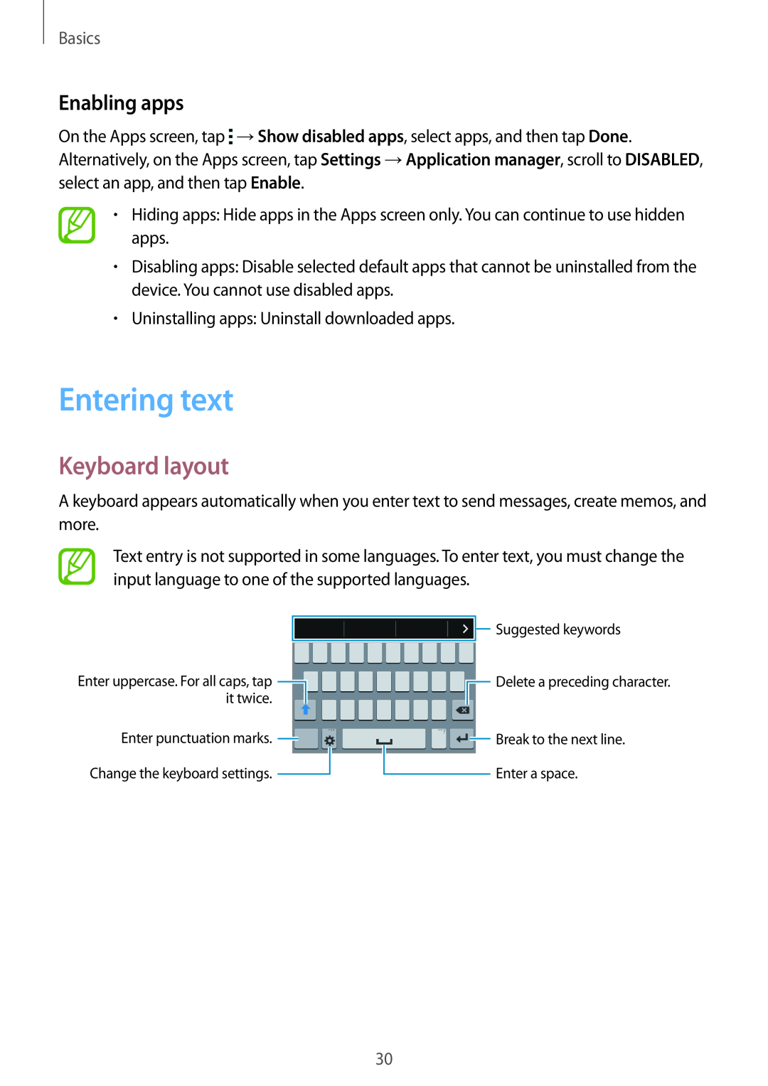 Samsung SM-G357FZWZITV, SM-G357FZWZXEO, SM-G357FZWZOPT, SM-G357FZWZDBT Entering text, Keyboard layout, Enabling apps, Basics 