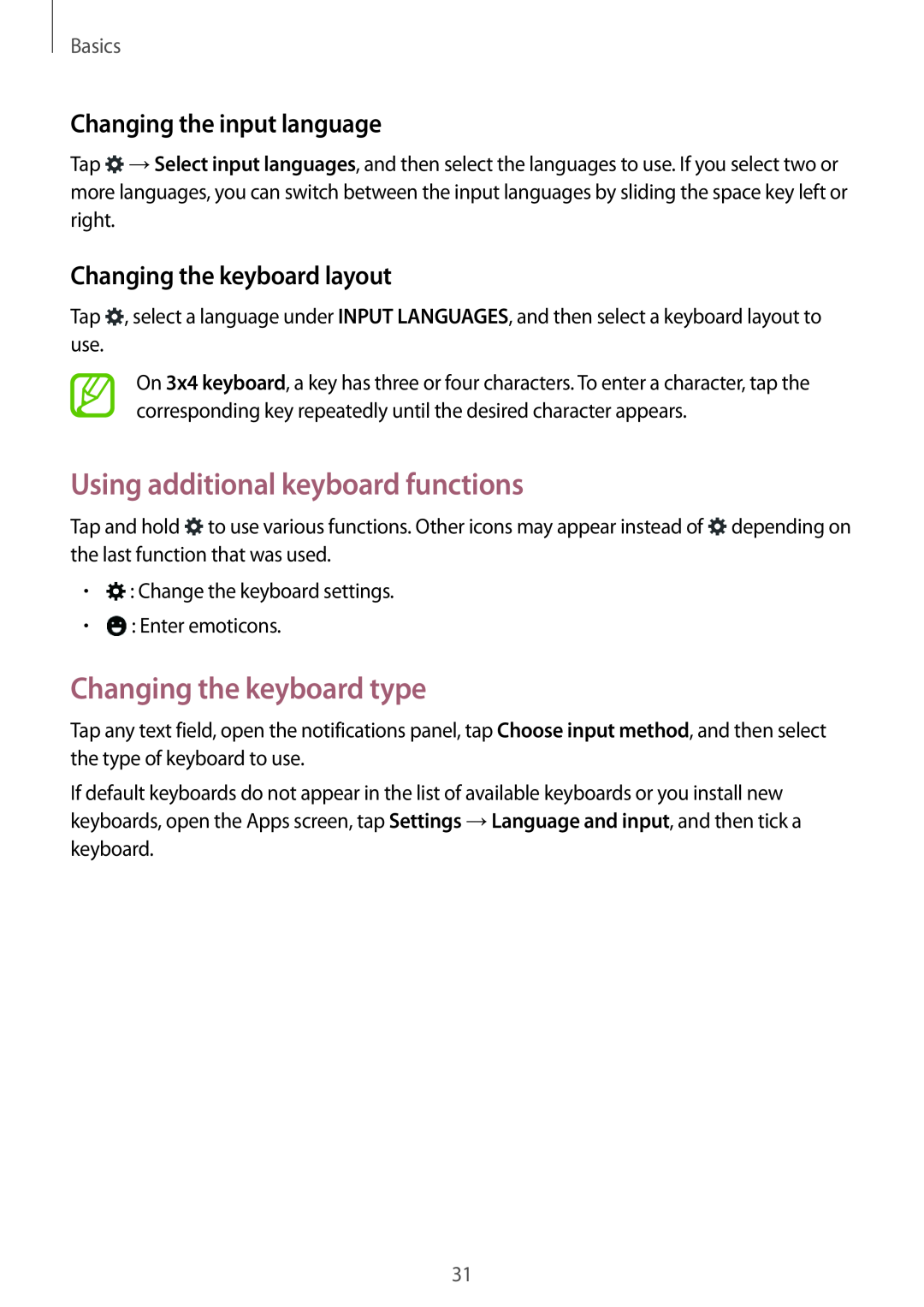 Samsung SM-G357FZAZITV manual Using additional keyboard functions, Changing the keyboard type, Changing the input language 