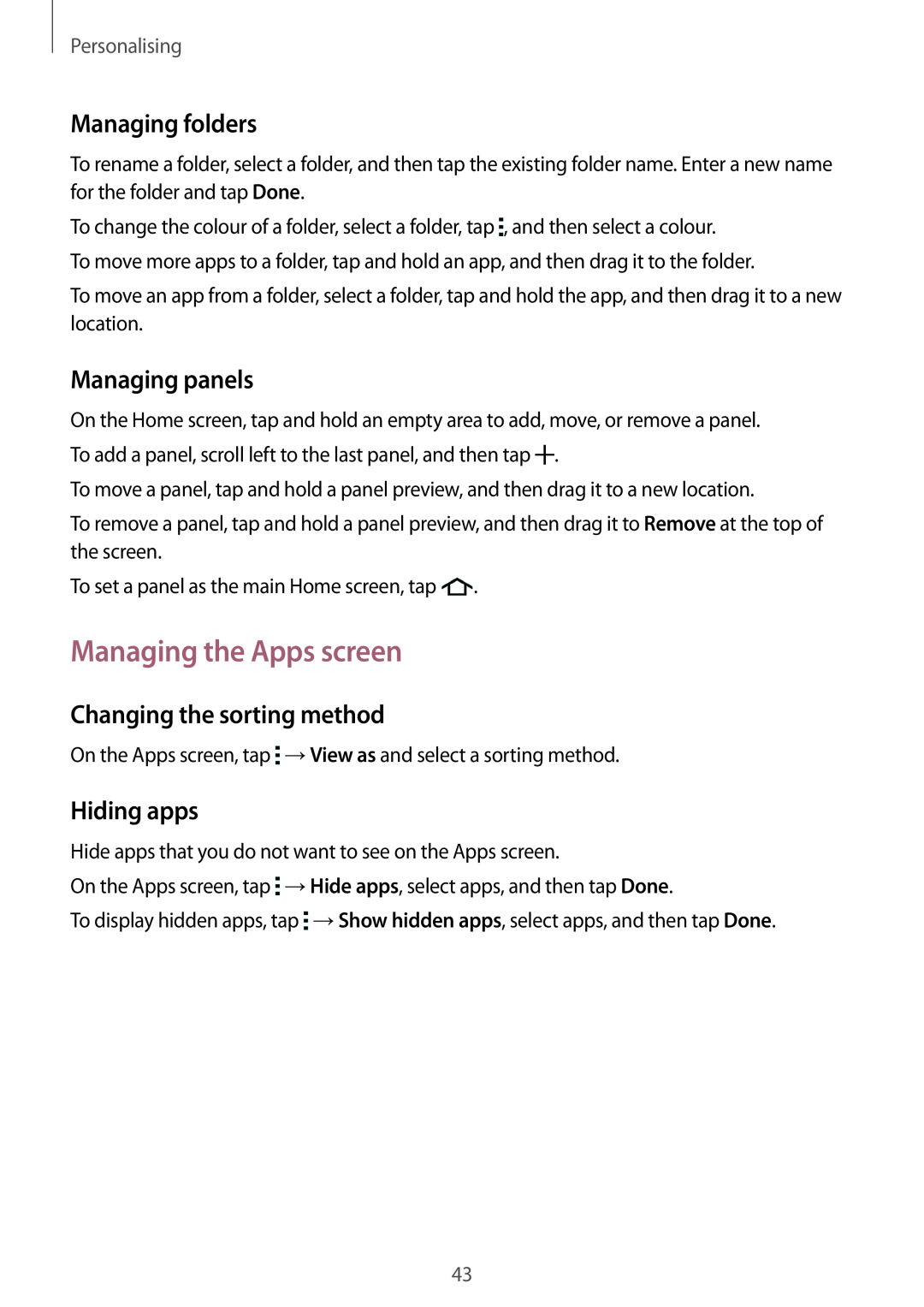Samsung SM-G357FZAZSEE manual Managing the Apps screen, Managing folders, Managing panels, Changing the sorting method 