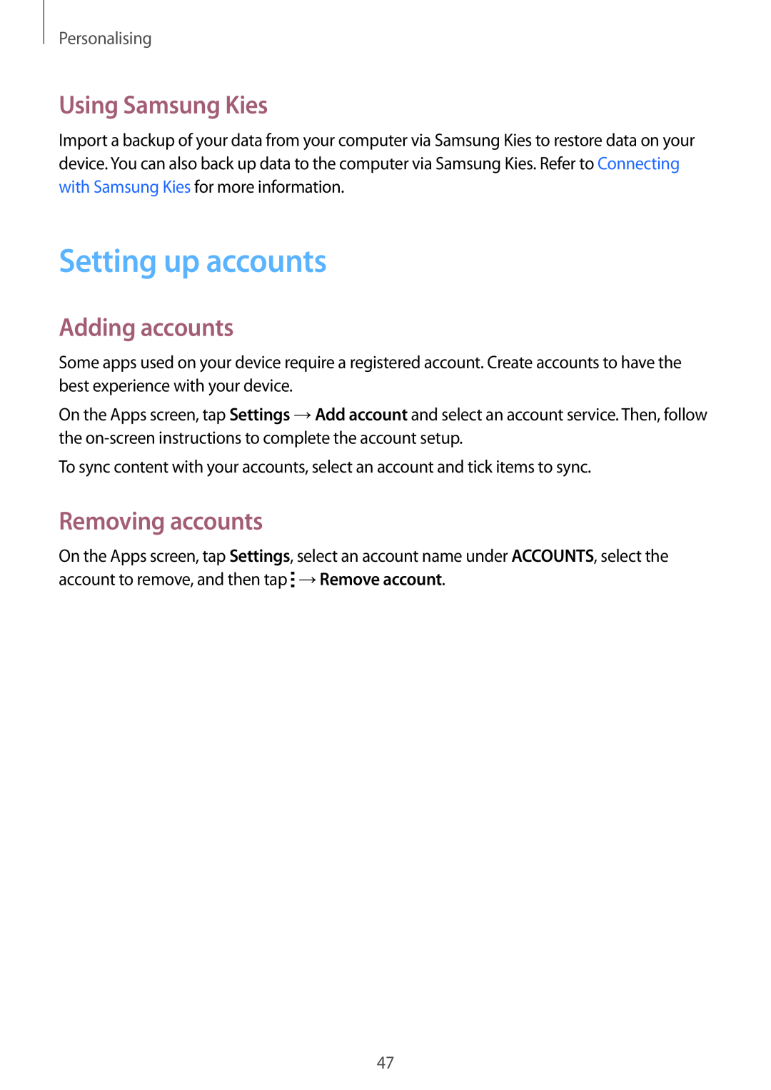 Samsung SM-G357FZWZCAC manual Setting up accounts, Using Samsung Kies, Adding accounts, Removing accounts, Personalising 