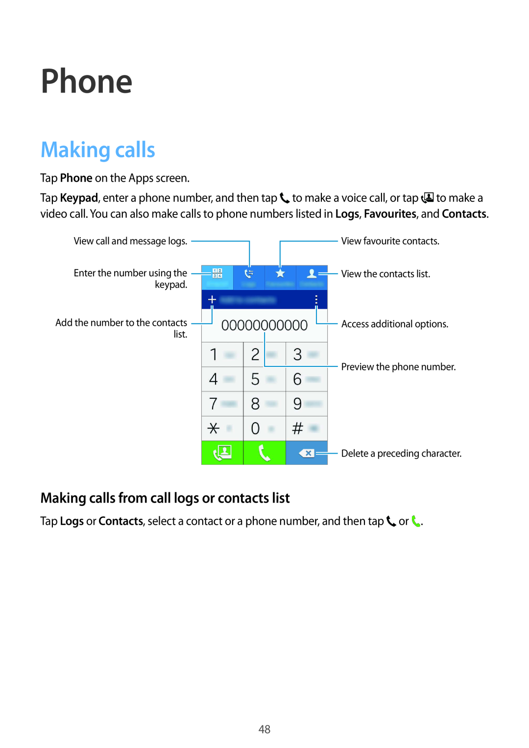 Samsung SM-G357FZAZBGL, SM-G357FZWZXEO, SM-G357FZWZOPT manual Phone, Making calls from call logs or contacts list 