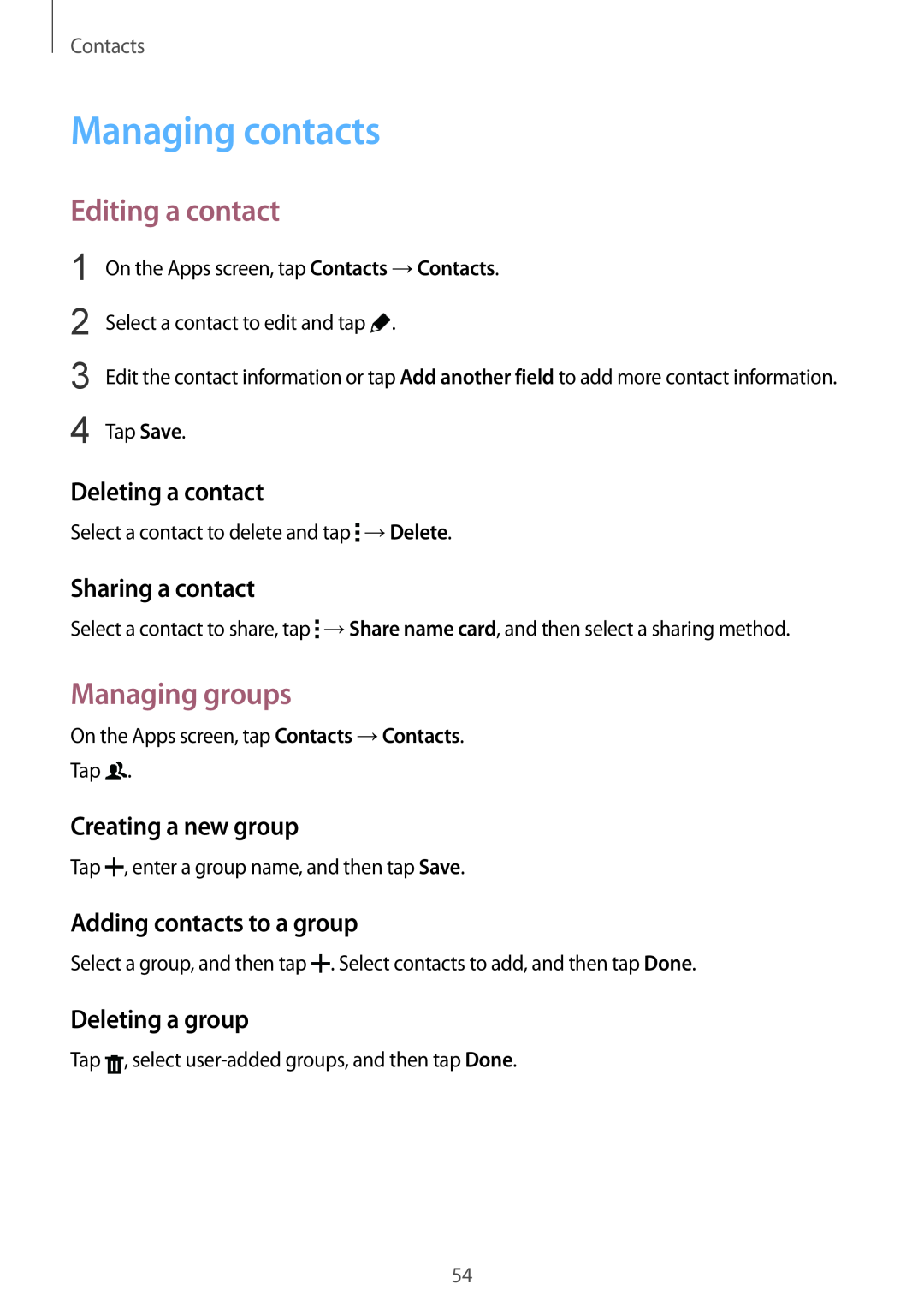 Samsung SM2G357FZAZTMH manual Managing contacts, Editing a contact, Managing groups, Deleting a contact, Sharing a contact 