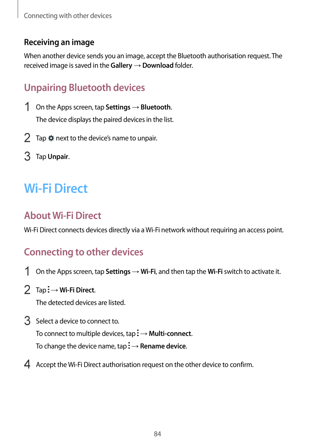 Samsung SM-G357FZAZHTS manual Unpairing Bluetooth devices, About Wi-Fi Direct, Connecting to other devices, Tap Unpair 