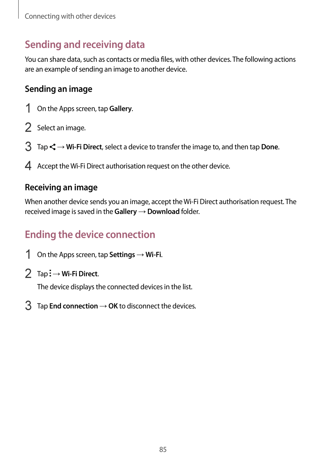 Samsung SM-G357FZAZTEN Ending the device connection, Sending and receiving data, Sending an image, Receiving an image 