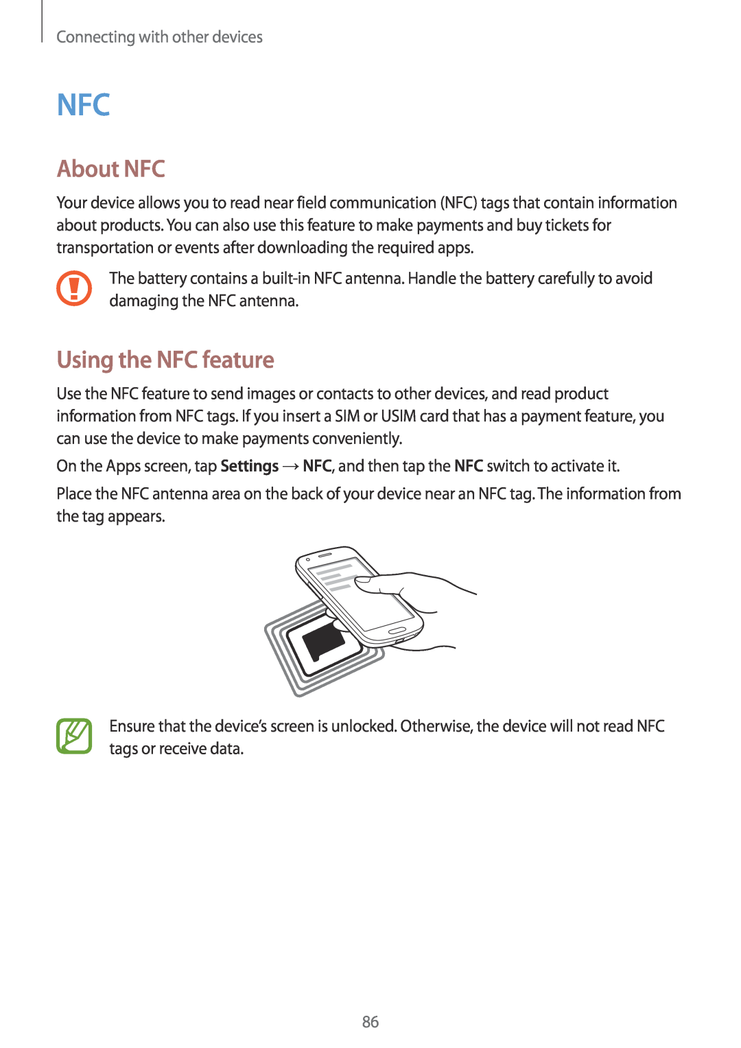 Samsung SM-G357FZWZHTS, SM-G357FZWZXEO, SM-G357FZWZOPT manual About NFC, Using the NFC feature, Connecting with other devices 