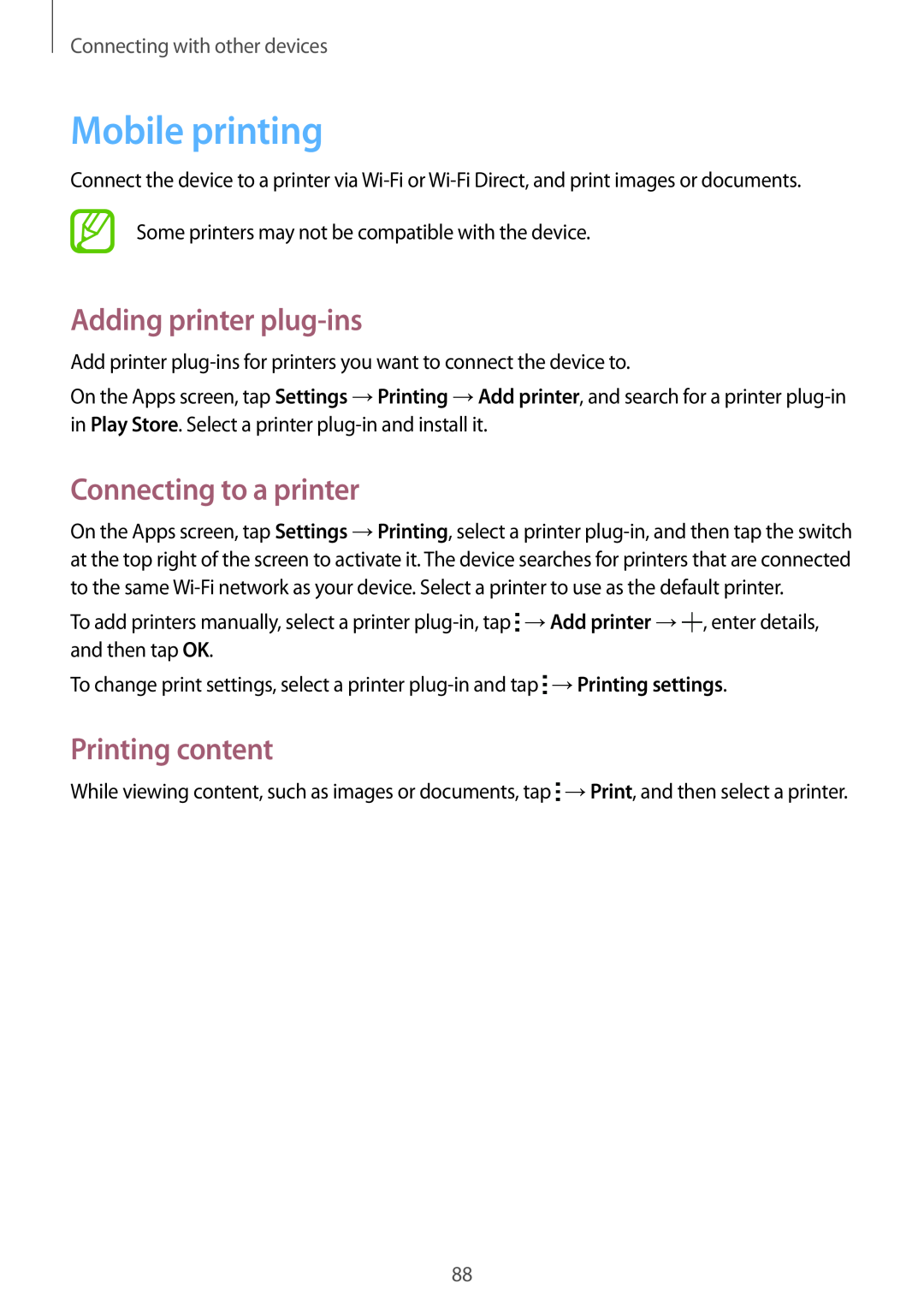 Samsung SM-G357FZAANEE, SM-G357FZWZXEO Mobile printing, Adding printer plug-ins, Connecting to a printer, Printing content 