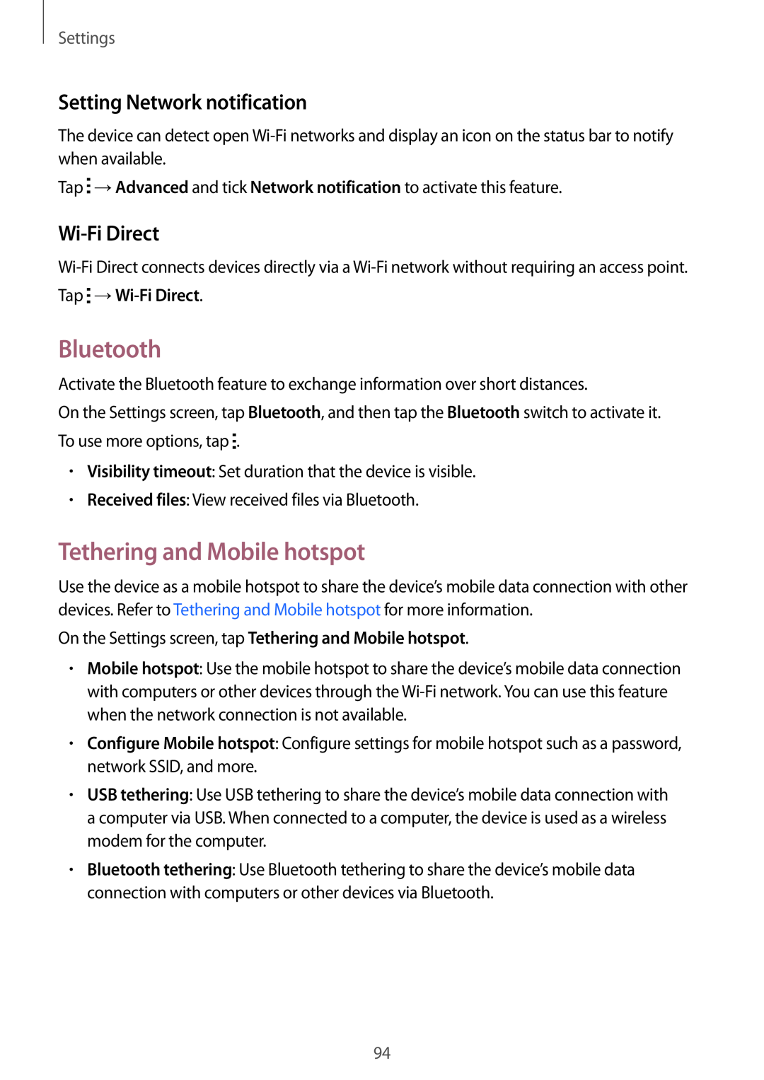 Samsung SM-G357FZWZDBT manual Bluetooth, Tethering and Mobile hotspot, Setting Network notification, Wi-Fi Direct, Settings 