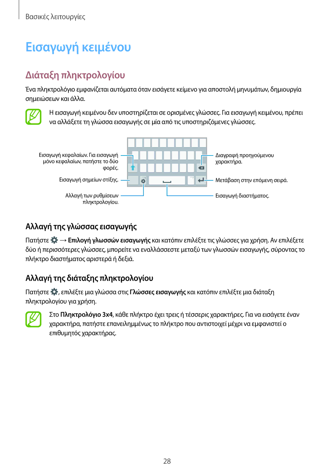 Samsung SM-G360FHAAVGR, SM-G360FHAAEUR manual Εισαγωγή κειμένου, Διάταξη πληκτρολογίου, Αλλαγή της γλώσσας εισαγωγής 