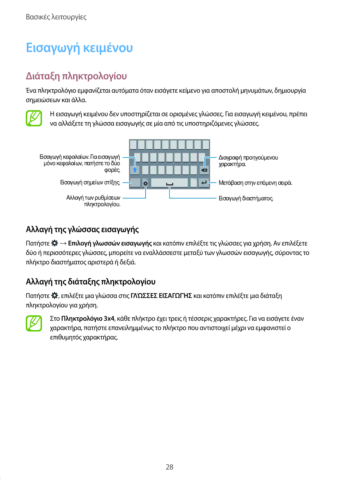 Samsung SM-G360FHAAVGR, SM-G360FHAAEUR manual Εισαγωγή κειμένου, Διάταξη πληκτρολογίου, Αλλαγή της γλώσσας εισαγωγής 