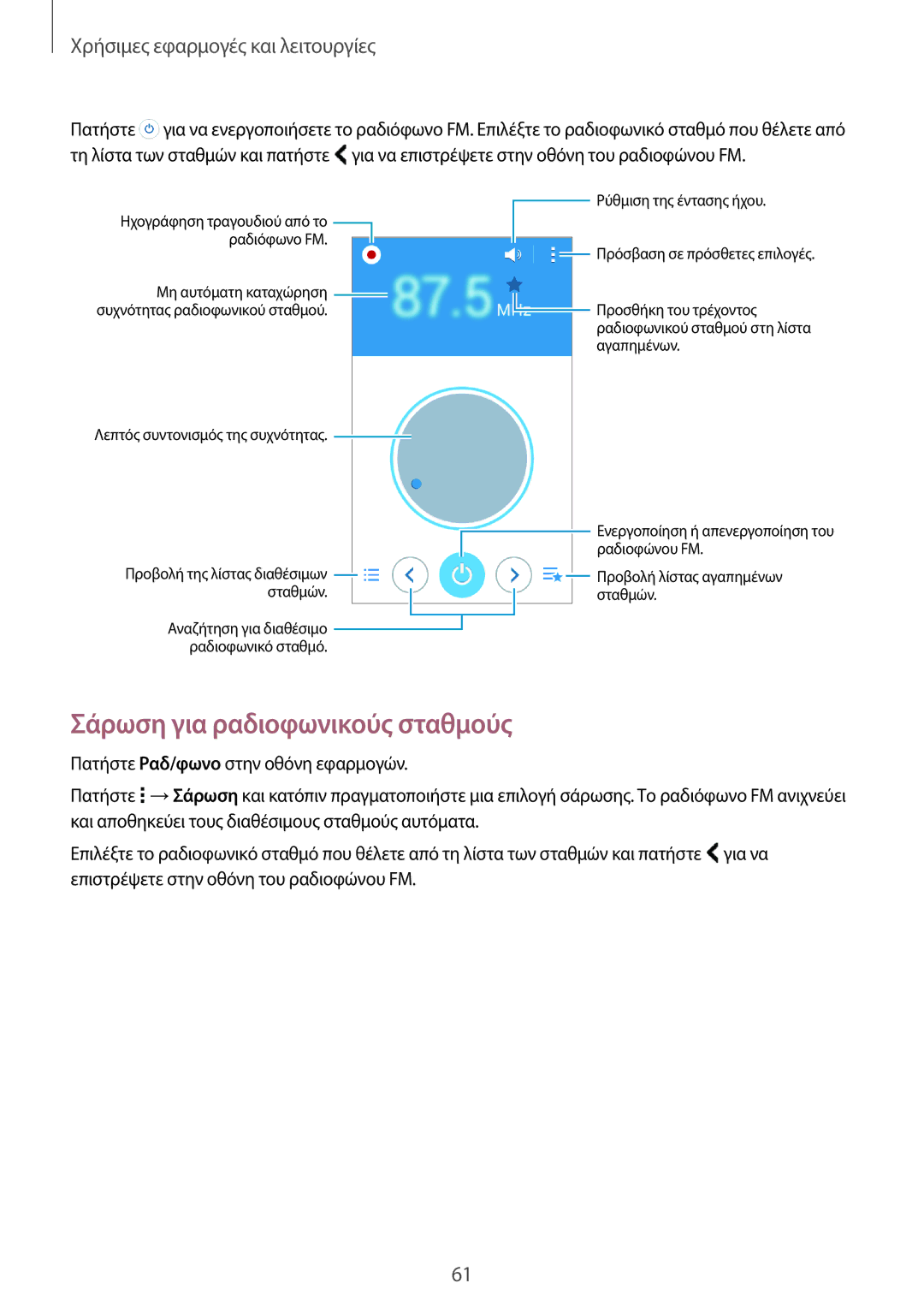 Samsung SM-G360FHAAEUR, SM-G360FHAAVGR, SM-G360FZWAVGR, SM-G360FZWAEUR manual Σάρωση για ραδιοφωνικούς σταθμούς 