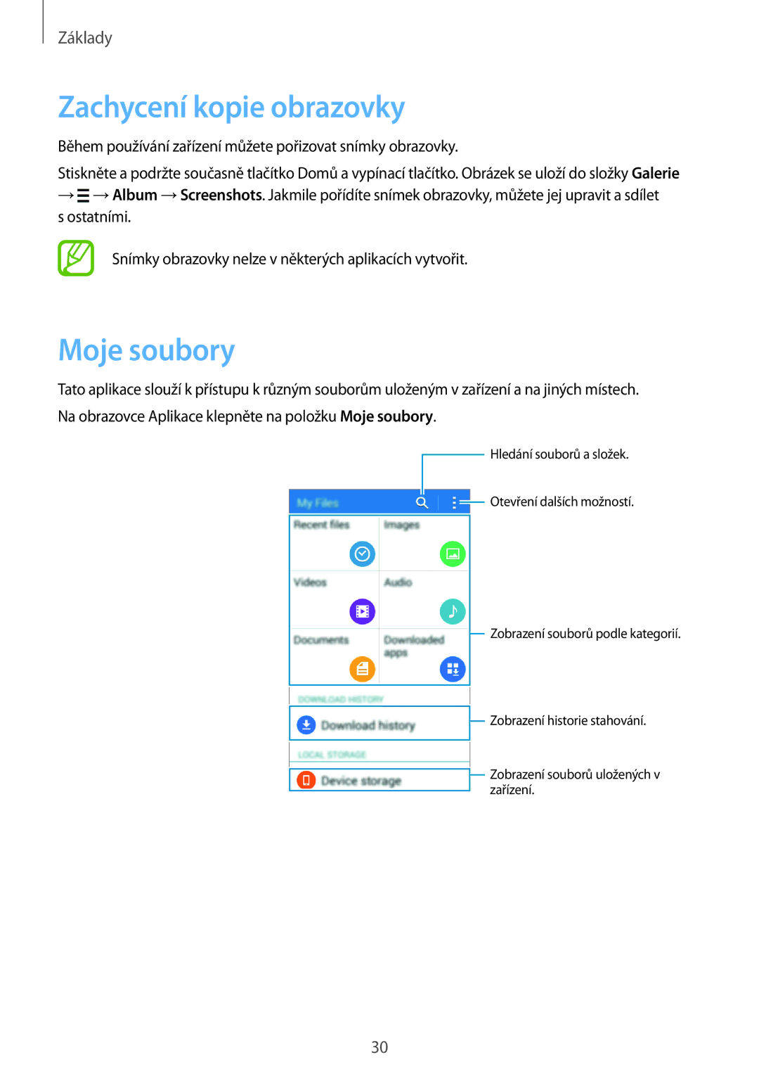 Samsung SM-G360FZWAXEH, SM-G360FZSAPRT, SM-G360FHAAPRT, SM-G360FHAAXEH manual Zachycení kopie obrazovky, Moje soubory 
