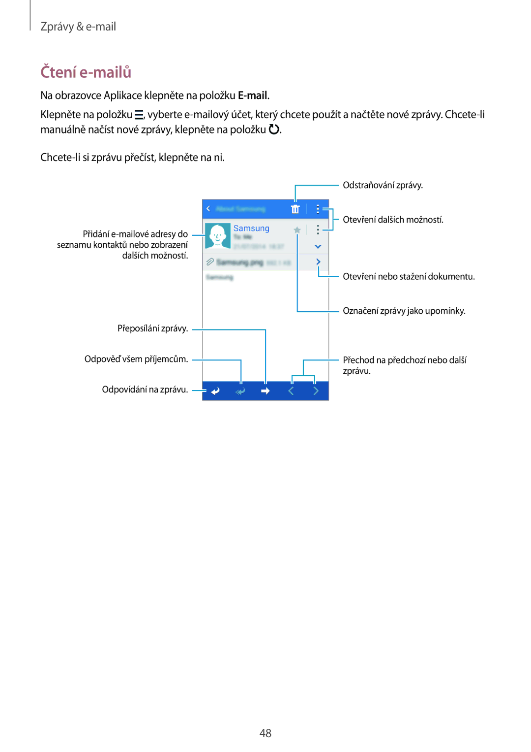 Samsung SM2G360FHAAPAN, SM-G360FZSAPRT, SM-G360FHAAPRT, SM-G360FHAAXEH, SM-G360FHAAVGR, SM-G360FZSAUPC manual Čtení e-mailů 