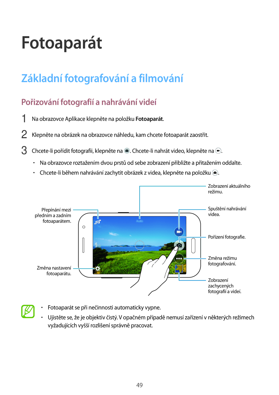 Samsung SM-G360FZWAO2C manual Fotoaparát, Základní fotografování a filmování, Pořizování fotografií a nahrávání videí 