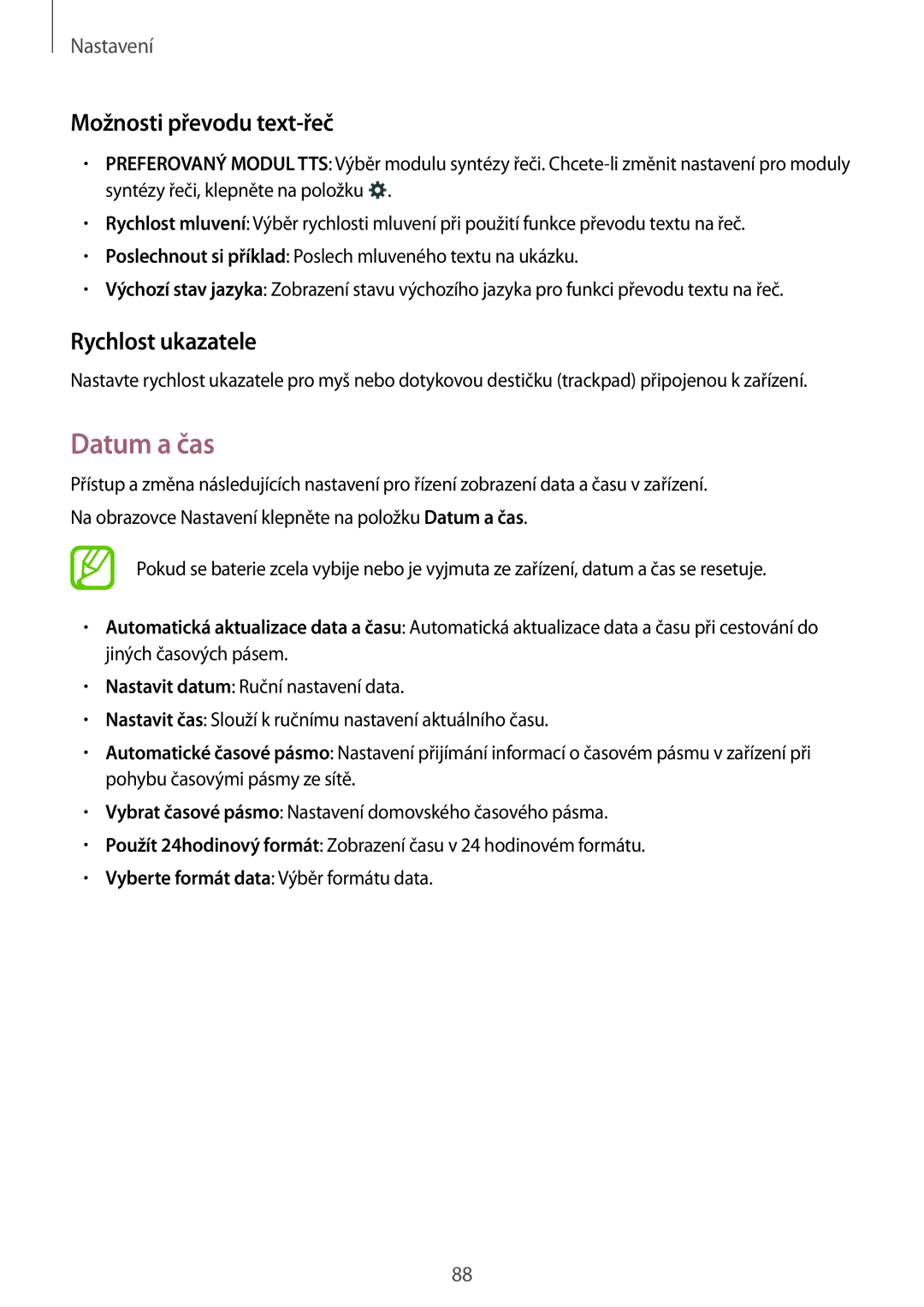 Samsung SM-G360FHAAXEH, SM-G360FZSAPRT, SM-G360FHAAPRT manual Datum a čas, Možnosti převodu text-řeč, Rychlost ukazatele 