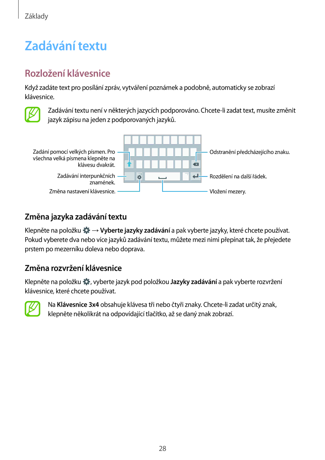 Samsung SM2G360FHAAVDC manual Zadávání textu, Rozložení klávesnice, Změna jazyka zadávání textu, Změna rozvržení klávesnice 