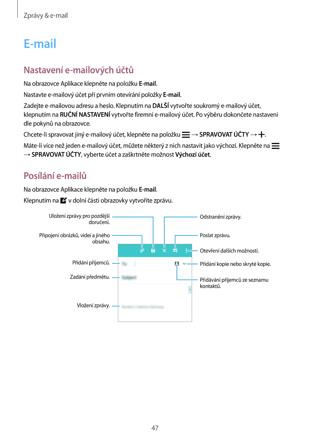 Samsung SM-G360FZSAUPC, SM-G360FZSAPRT, SM-G360FHAAPRT, SM-G360FHAAXEH Mail, Nastavení e-mailových účtů, Posílání e-mailů 