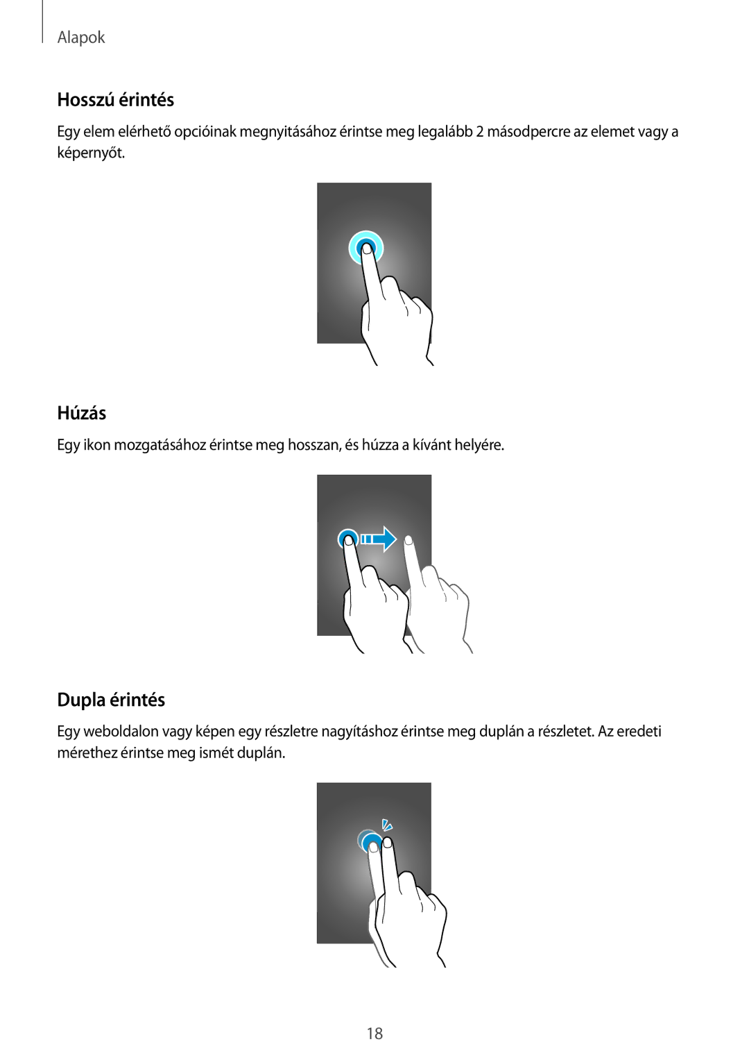 Samsung SM-G360FHAAO2C, SM-G360FZSAPRT, SM-G360FHAAPRT, SM-G360FHAAXEH, SM-G360FHAAVGR Hosszú érintés, Húzás, Dupla érintés 