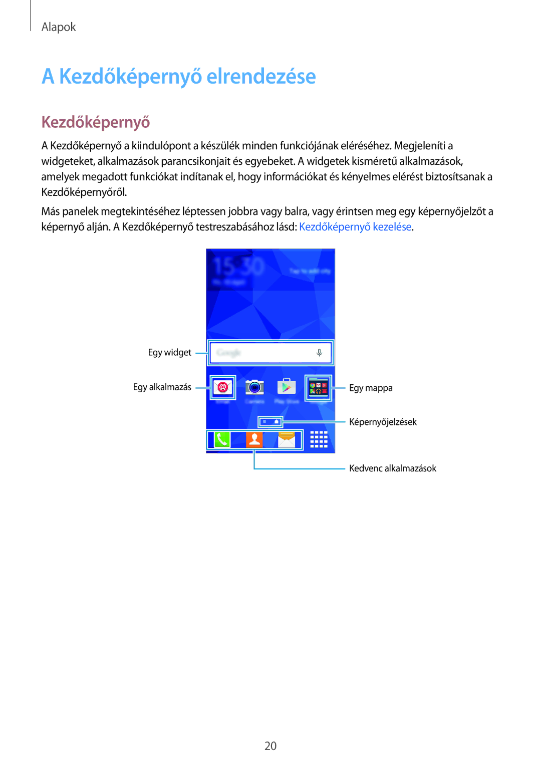 Samsung SM-G360FZWAEUR, SM-G360FZSAPRT, SM-G360FHAAPRT, SM-G360FHAAXEH, SM-G360FHAAVGR manual Kezdőképernyő elrendezése 