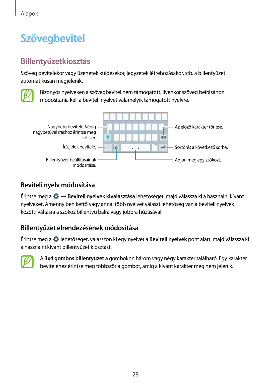 Samsung SM2G360FHAAVDC, SM-G360FZSAPRT, SM-G360FHAAPRT manual Szövegbevitel, Billentyűzetkiosztás, Beviteli nyelv módosítása 