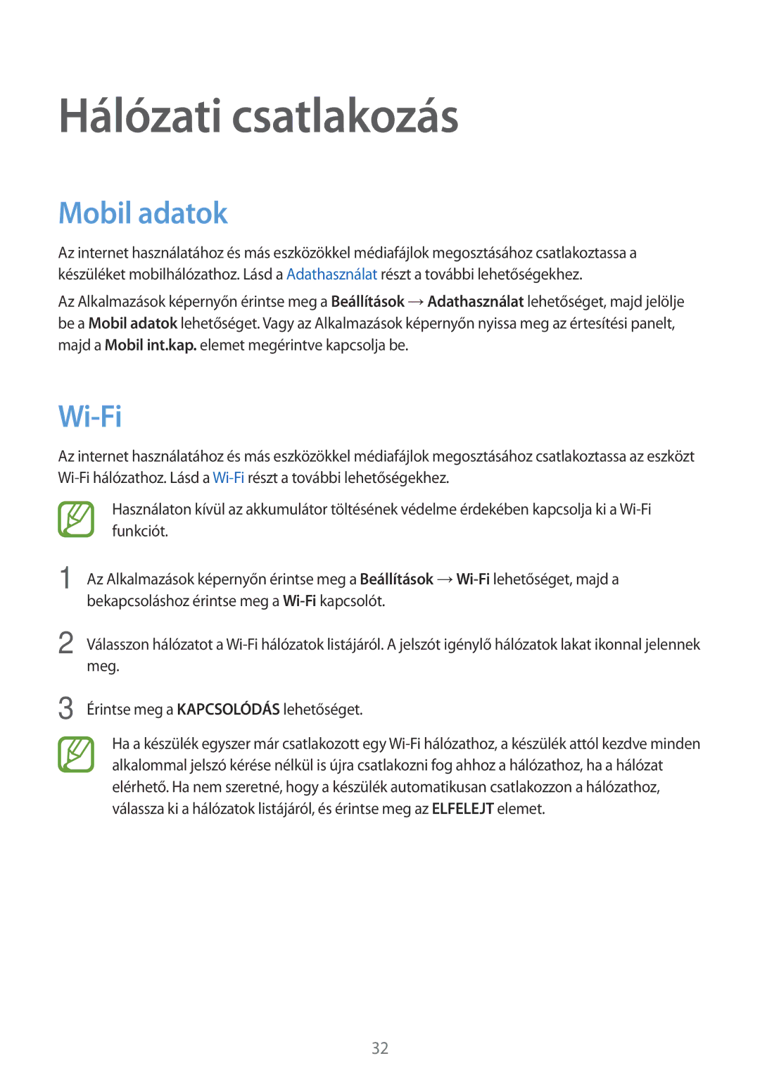 Samsung SM2G360FZSAETL, SM-G360FZSAPRT, SM-G360FHAAPRT, SM-G360FHAAXEH manual Hálózati csatlakozás, Mobil adatok, Wi-Fi 